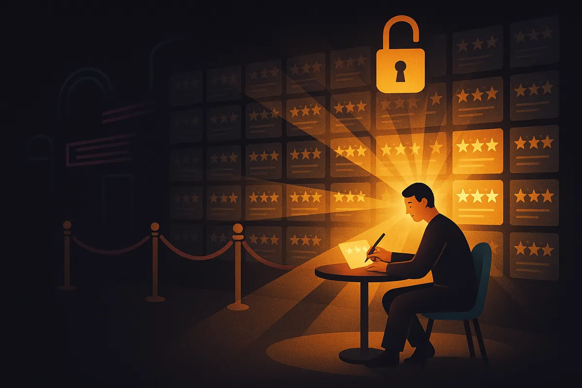 An illustration of someone writing a club review at a table, with a wall of star-rated reviews unlocking behind them.