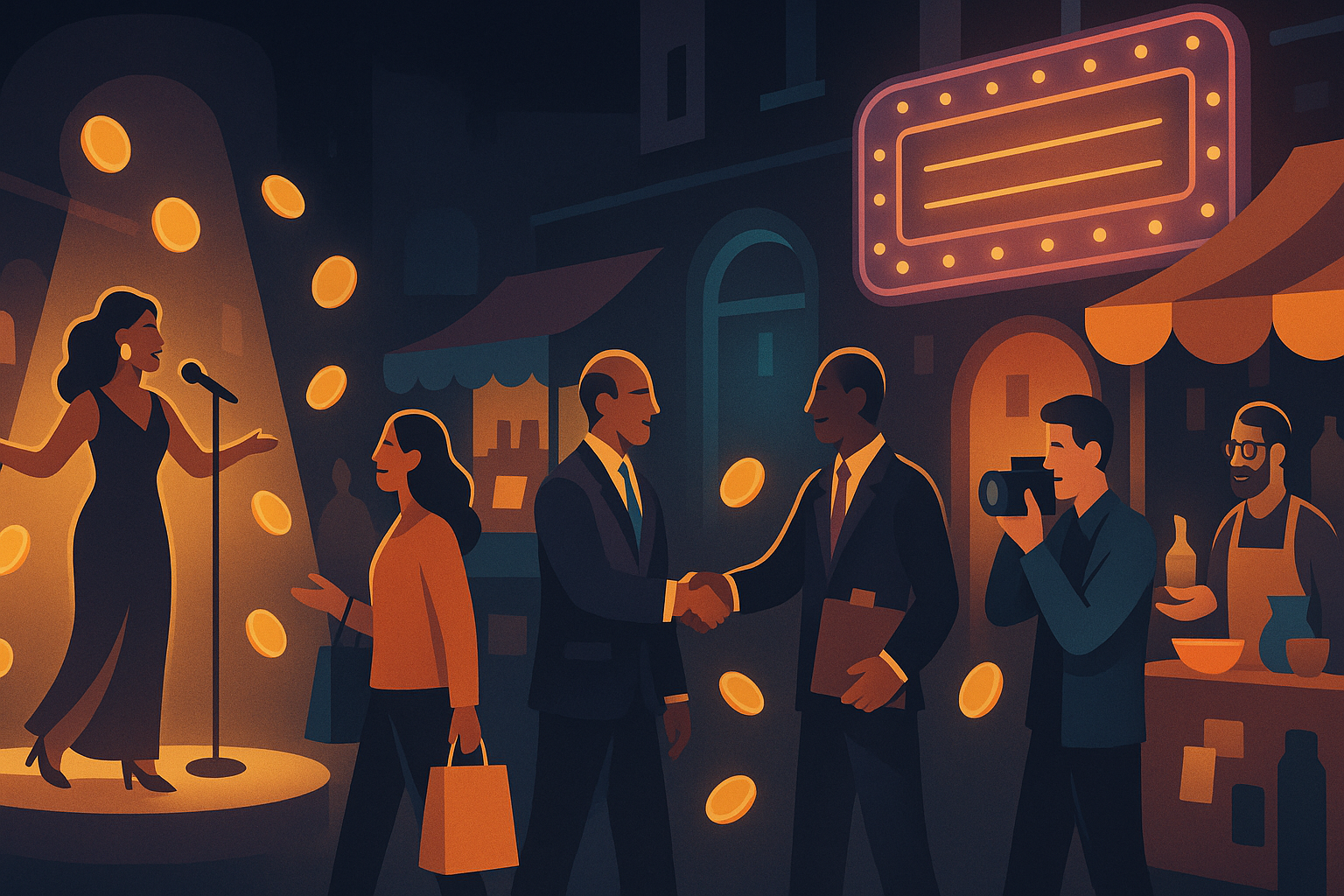 A nighttime marketplace where every member interacts: a performer on stage, a fan browsing, a club owner hiring, a vendor at a stall, an industry photographer, and tokens flowing between them